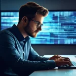 디지털 시대의 지식 합성 - **Prompt:** "A young adult (18-25 years old), fully clothed in smart casual wear, sitting at a moder...