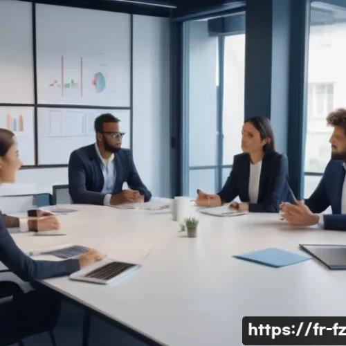 지식 합성을 위한 커뮤니케이션 기술 - A professional corporate meeting scene in a modern French office, featuring diverse business people ...