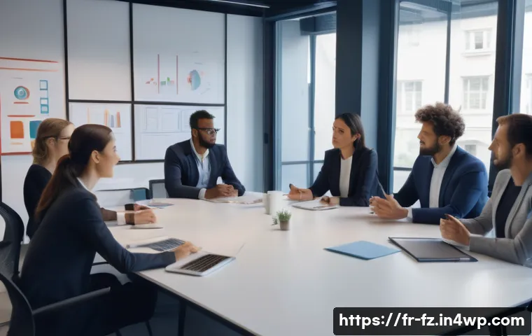 지식 합성을 위한 커뮤니케이션 기술 - A professional corporate meeting scene in a modern French office, featuring diverse business people ...