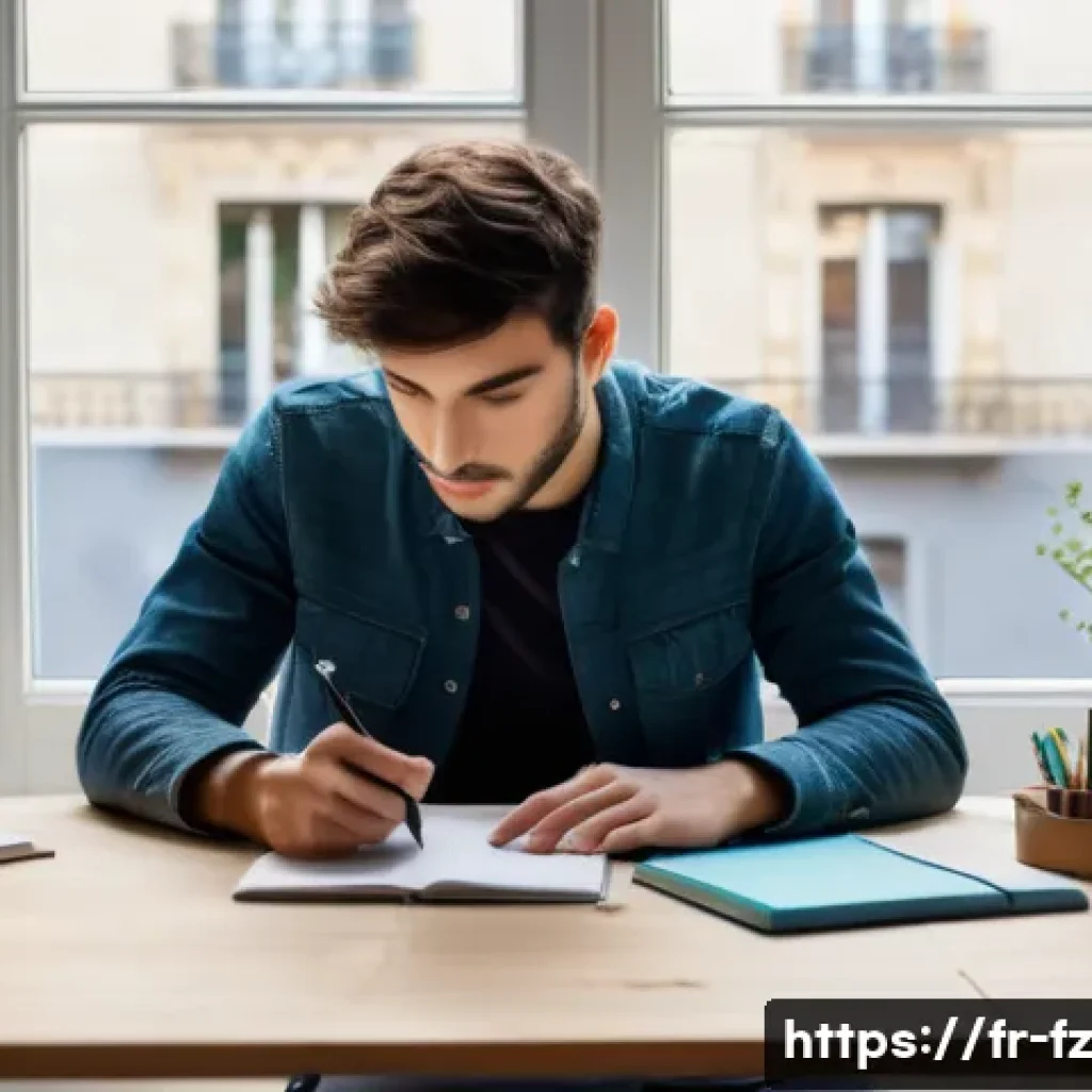 지식 합성을 위한 시간 관리 전략 - A bright, organized modern home office scene featuring a young French adult studying early in the mo...