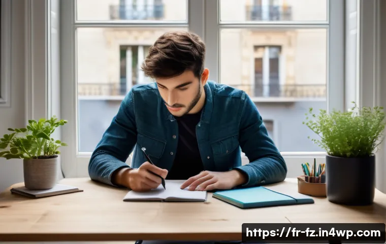 지식 합성을 위한 시간 관리 전략 - A bright, organized modern home office scene featuring a young French adult studying early in the mo...