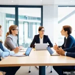 Home 20 지식 합성 능력 개발과 리더십 - A diverse group of French business professionals engaged in a dynamic meeting room, practicing activ...