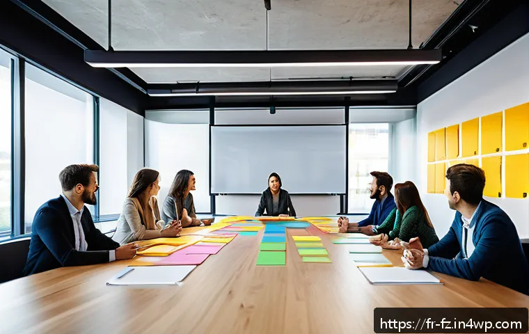 효율적인 지식 합성을 위한 팀워크 전략 - A modern, bright office space with a diverse team of professionals gathered around a large table, en...