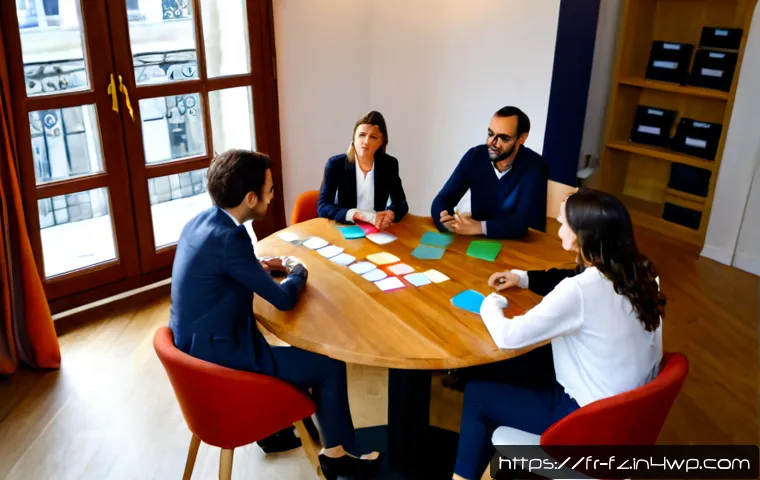 Home 17 지식 합성을 위한 네트워킹 전략 - Photorealistic Paris coworking lounge, a diverse group of French professionals and researchers seate...